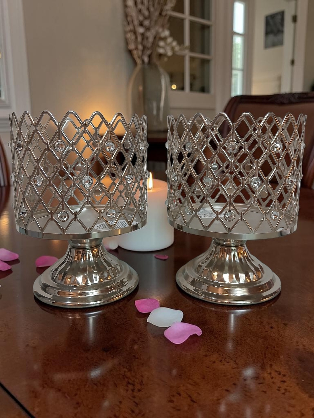 Bath & Body Works Silver Crystal Lattice Pedestal Candle Holders - Pair